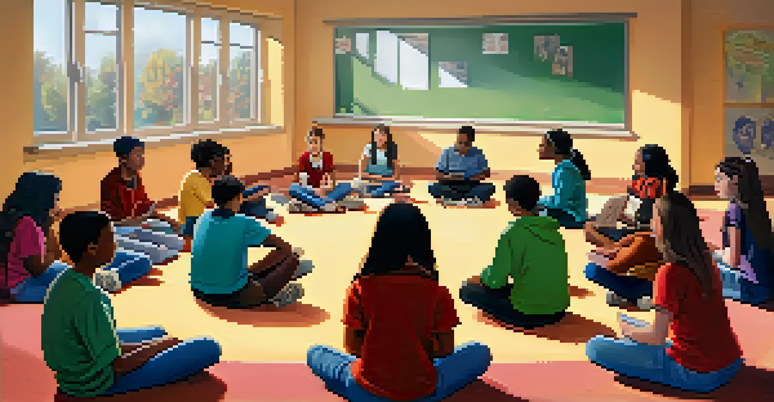 Students sitting in a circle discussing their group activity in a warm and inviting classroom.