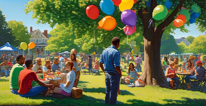 A lively community gathering in a park with diverse people enjoying conversations, food, and games under a sunny sky.