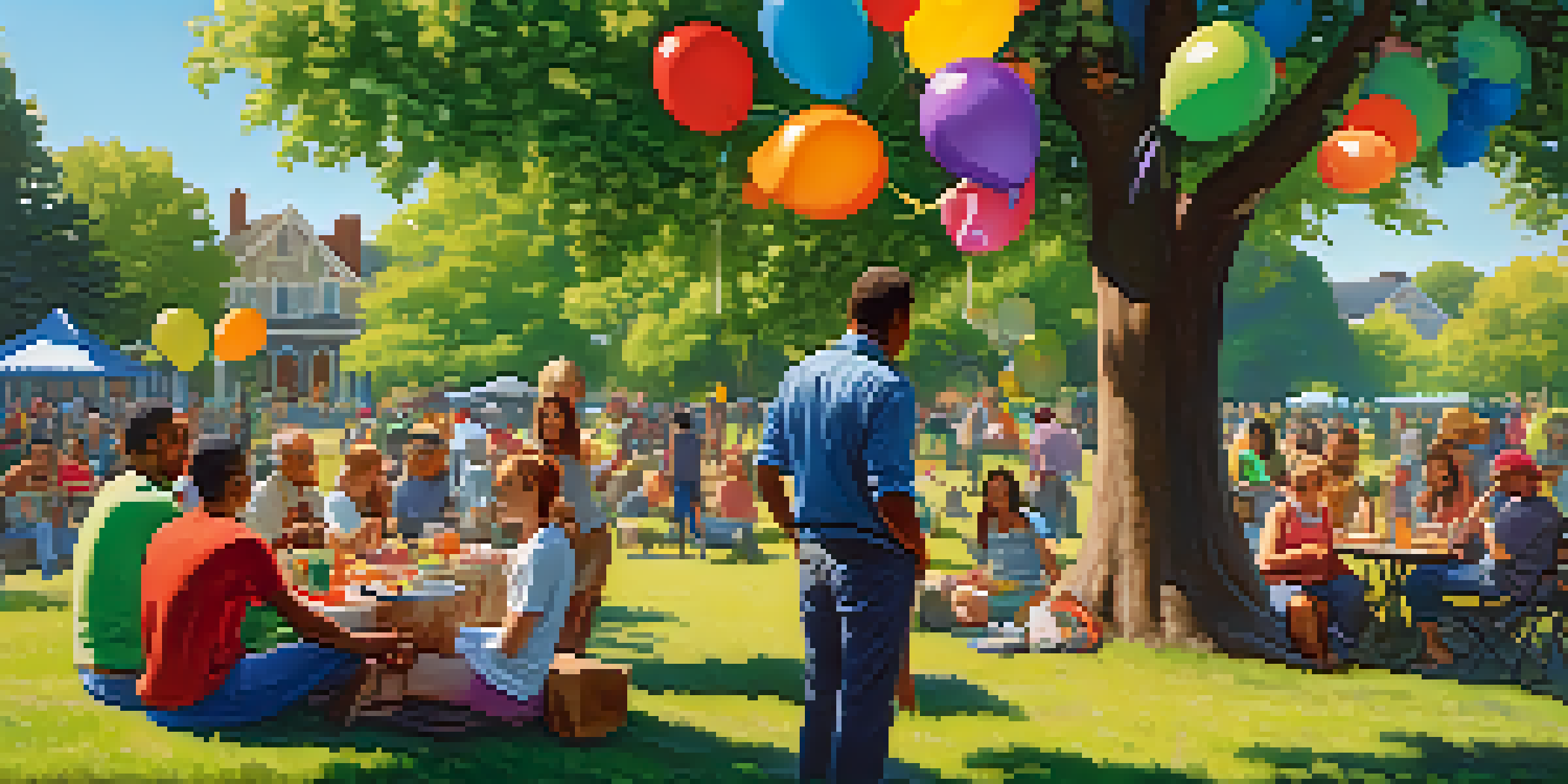 A lively community gathering in a park with diverse people enjoying conversations, food, and games under a sunny sky.