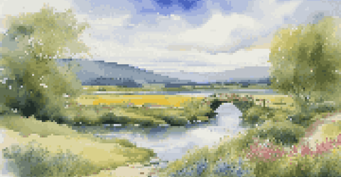 A peaceful valley with a river, colorful wildflowers, and a wooden bridge under a blue sky.