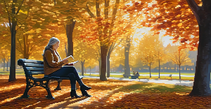A woman reading a book on a park bench surrounded by autumn leaves, with warm sunlight filtering through the trees.