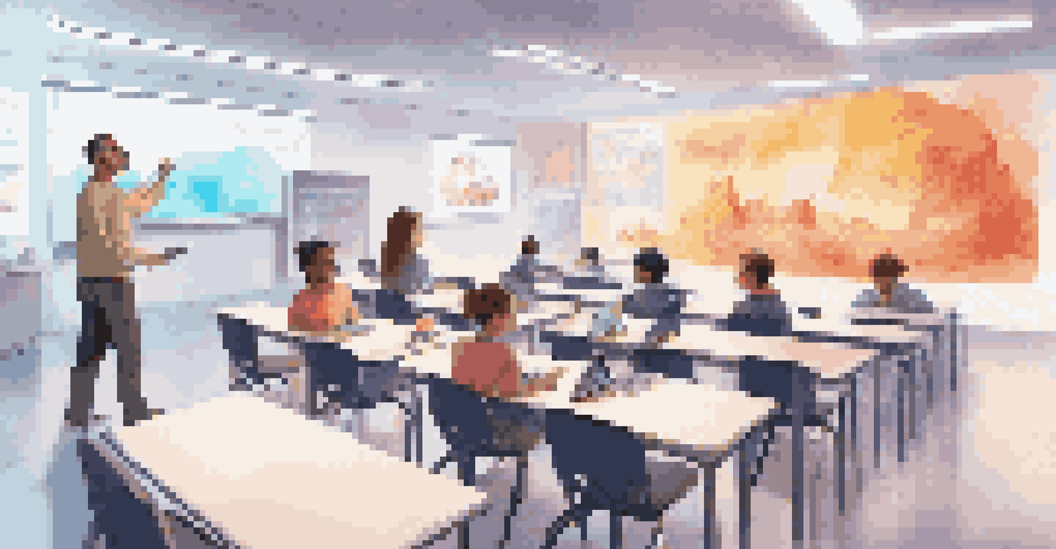A modern classroom filled with students using technology like tablets and virtual reality, with a teacher guiding the lesson.
