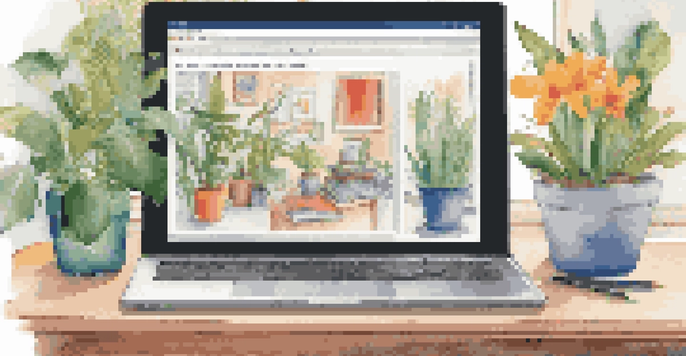 A laptop displaying a colorful digital portfolio with various student projects, set in a bright study space with plants and stationery.