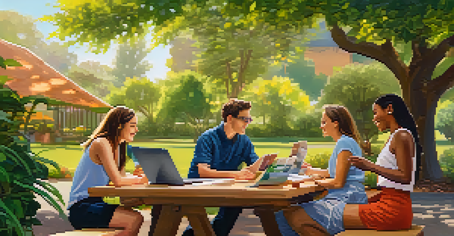 A group of people outdoors discussing a graphic design project at a picnic table, surrounded by greenery and flowers.