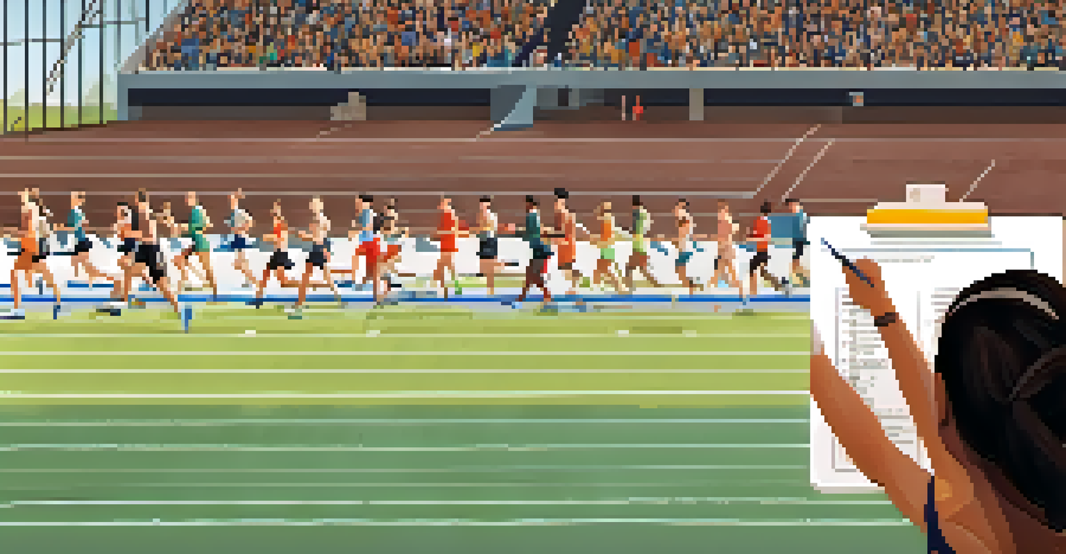 A close-up of a coach's hand holding a clipboard with training plans, while athletes are engaged in a drill on a running track in the background.