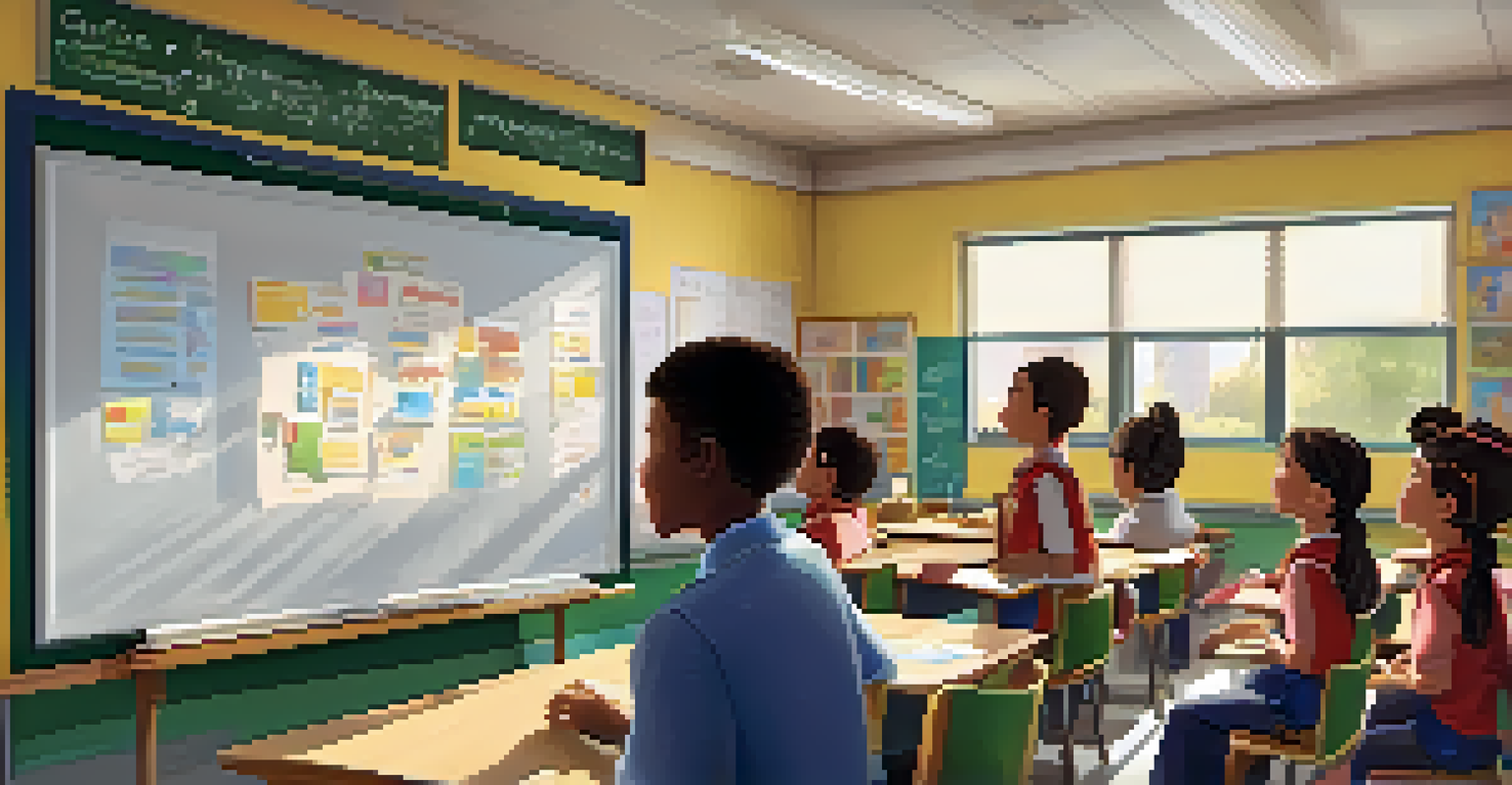 An educator using a smartboard in a bright classroom, explaining a concept to attentive students.