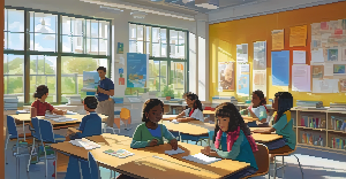 A diverse group of students in a bright classroom engaged in inquiry-based learning, surrounded by books and art supplies.