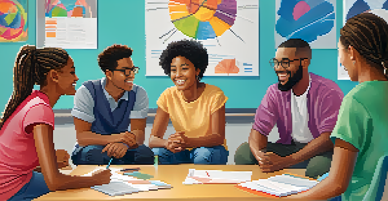 A diverse group of students sitting in a circle, smiling and discussing ideas in a classroom with colorful posters and a whiteboard in the background.