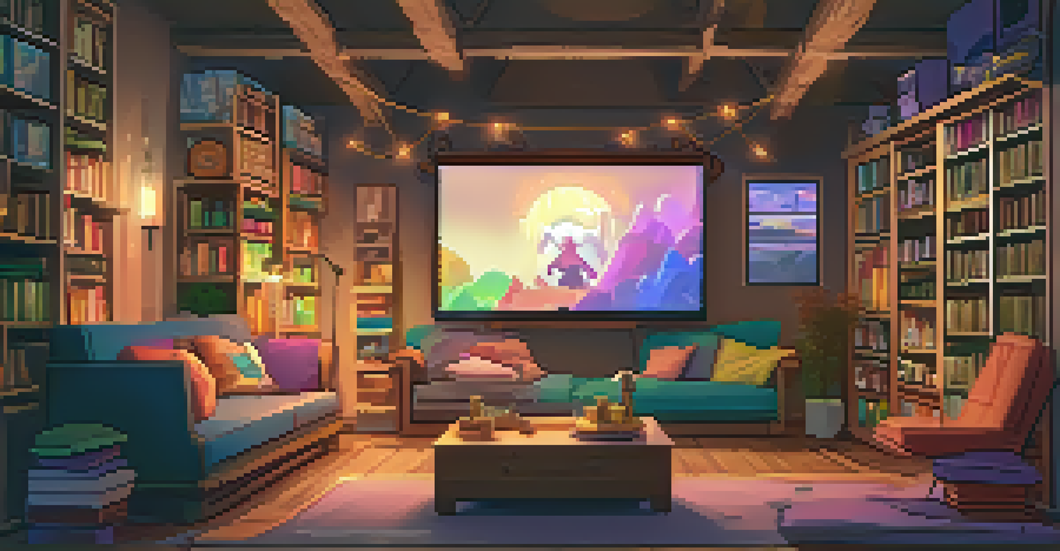 A cozy gaming room filled with board games and RPG books, featuring a comfortable sofa and a large screen displaying character creation in a warm-lit environment.