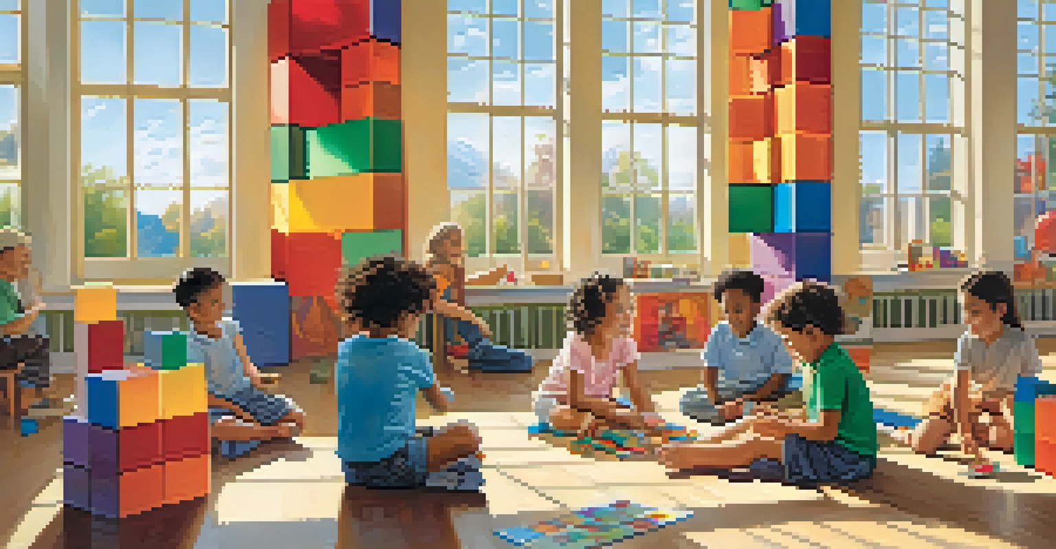 A classroom filled with children building a tower with blocks, showcasing teamwork and creativity.