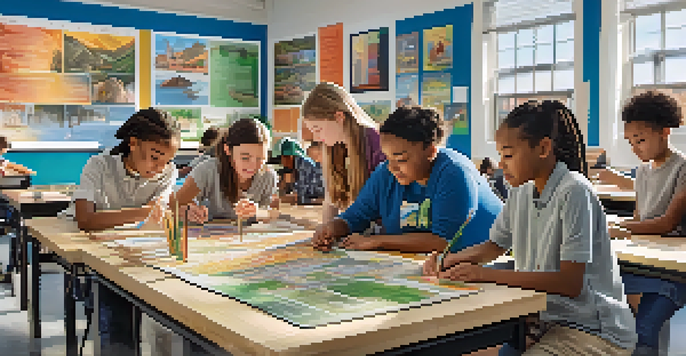 Students collaborating on a STEM project, building a model of a landmark in a bright classroom.
