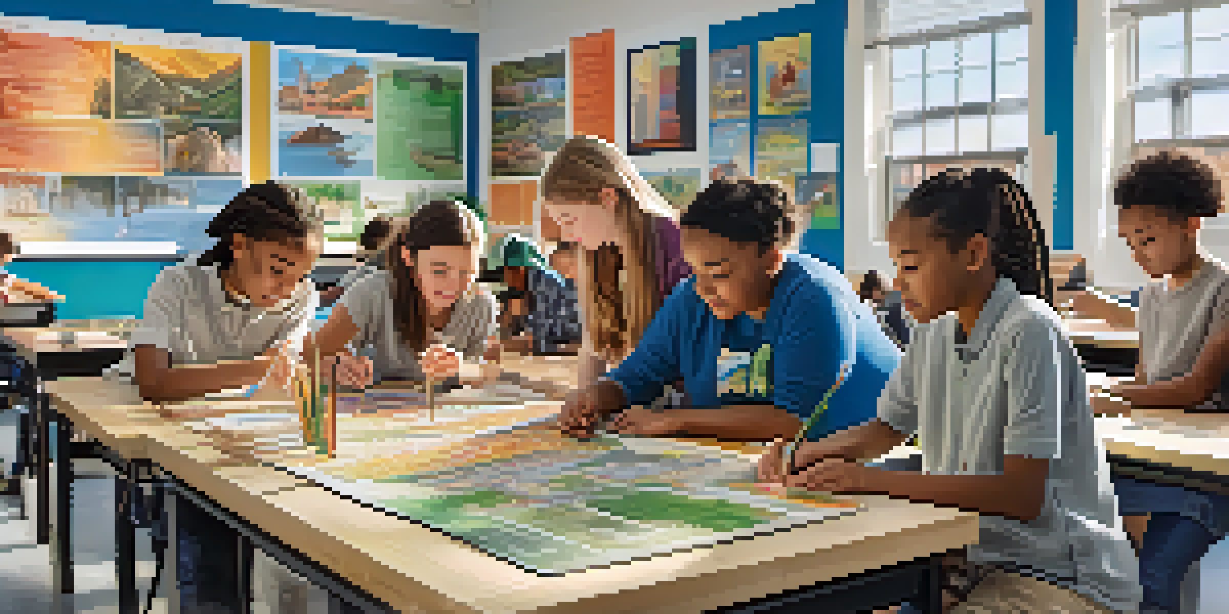 Students collaborating on a STEM project, building a model of a landmark in a bright classroom.