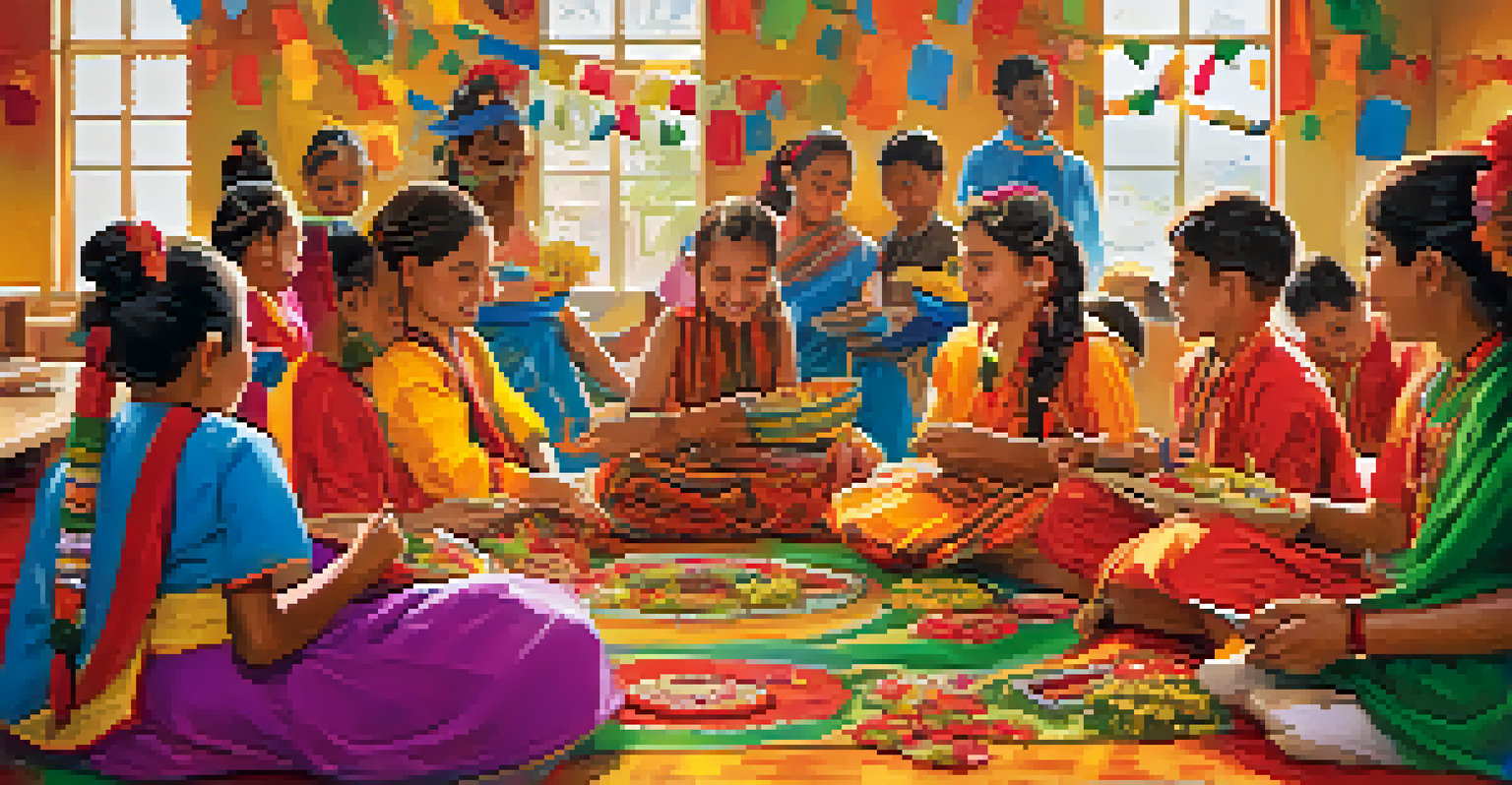 A school cultural celebration with students in traditional attire participating in crafts and sharing food, surrounded by colorful decorations.