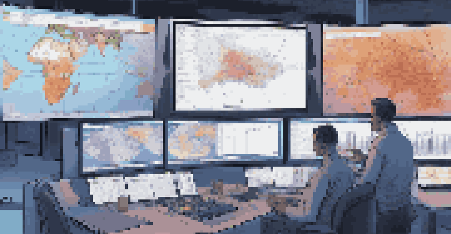 A computer screen displaying a GIS map showing crisis zones, with analysts working in a high-tech command center.