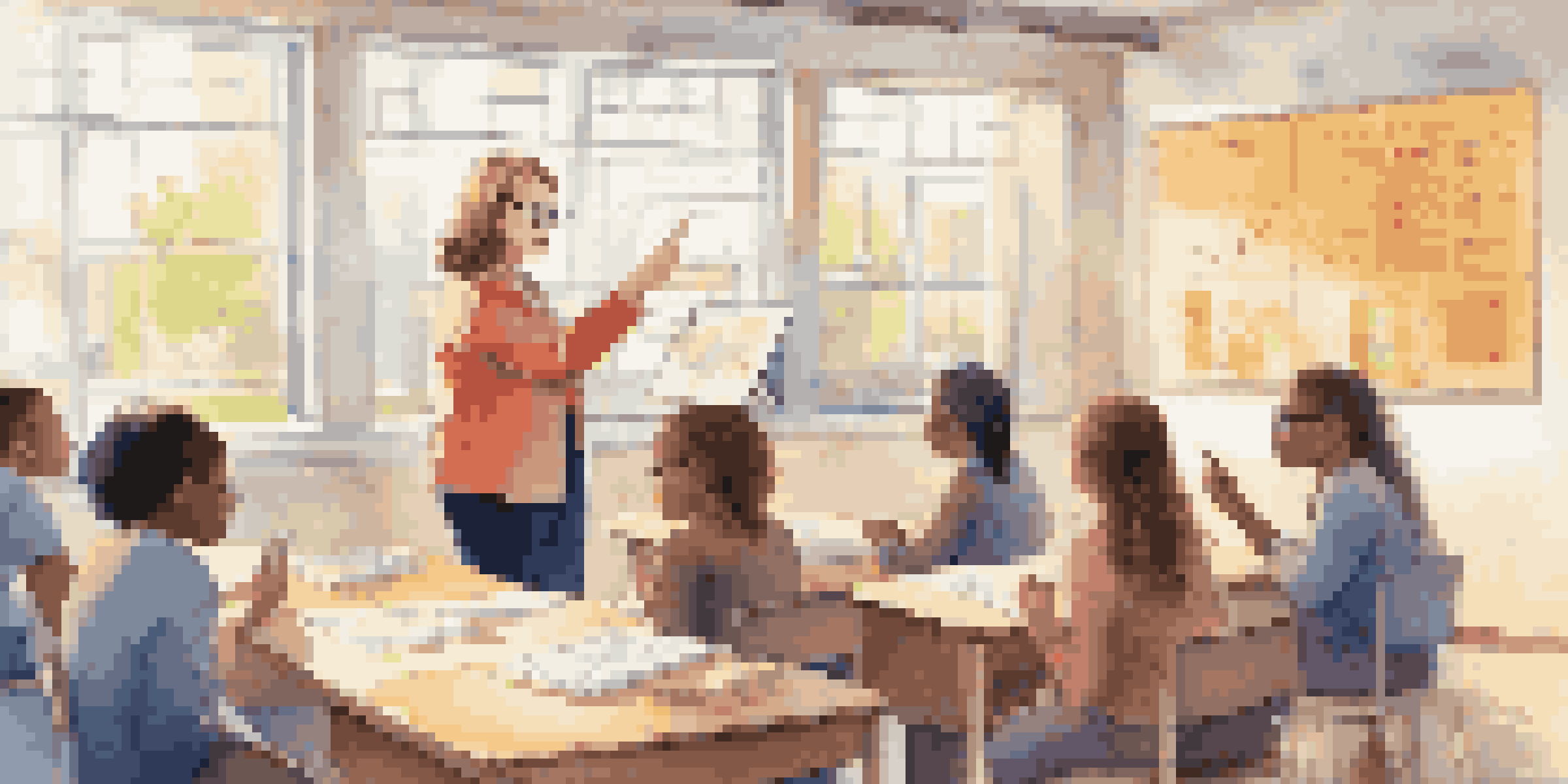 A teacher in a colorful classroom analyzing student performance data on a digital tablet while students work in groups.