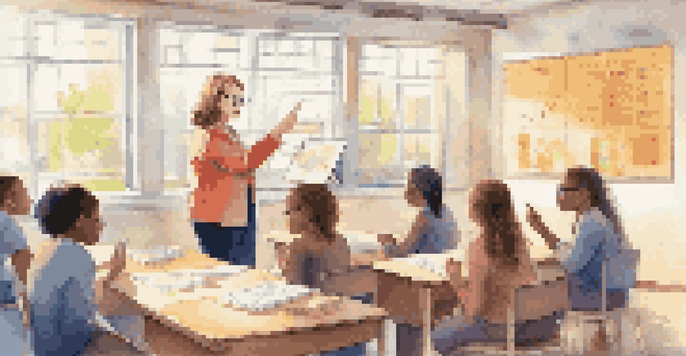 A teacher in a colorful classroom analyzing student performance data on a digital tablet while students work in groups.