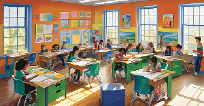 A vibrant classroom with colorful decorations and students working together in groups, illuminated by natural sunlight.