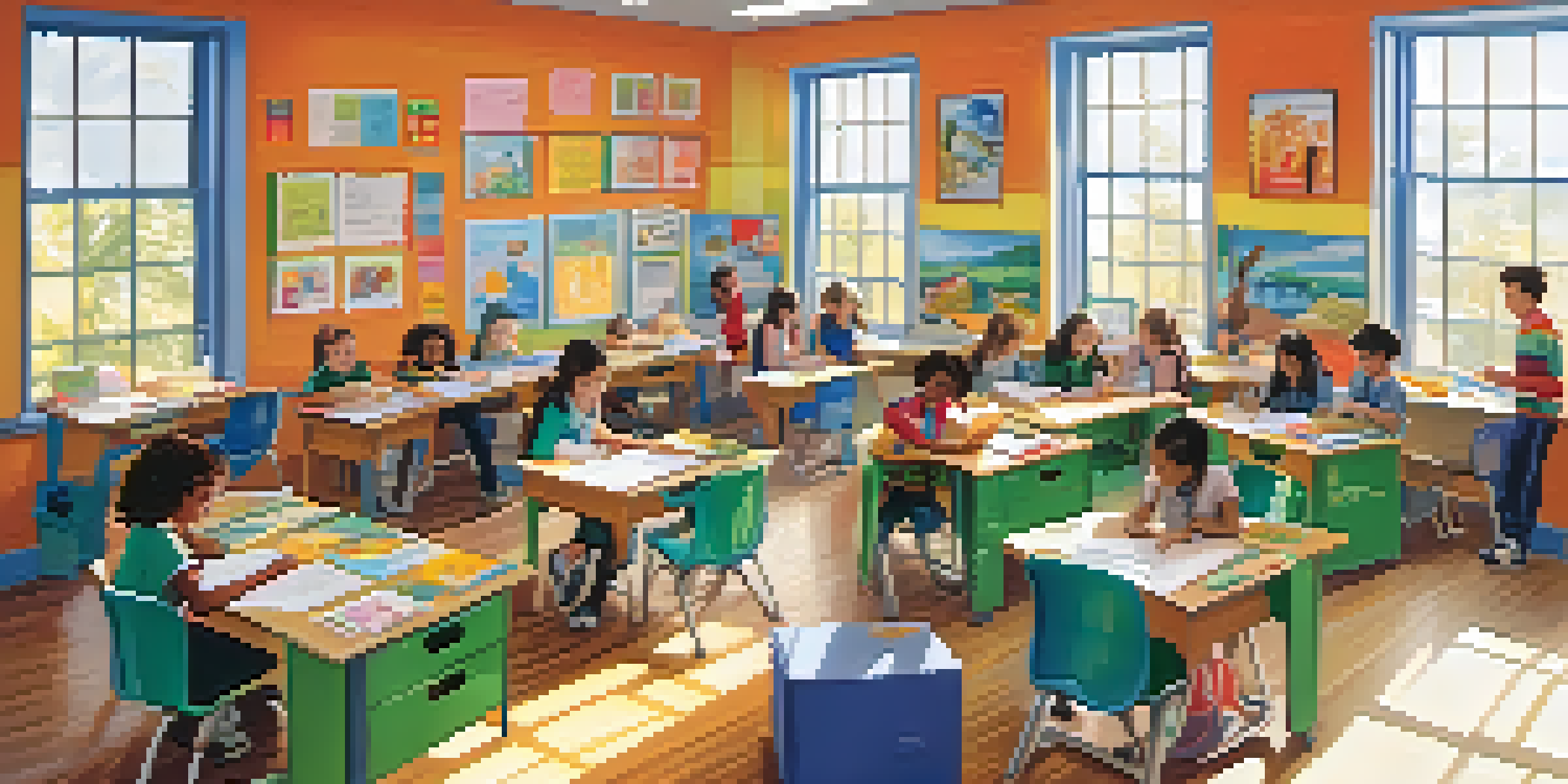A vibrant classroom with colorful decorations and students working together in groups, illuminated by natural sunlight.