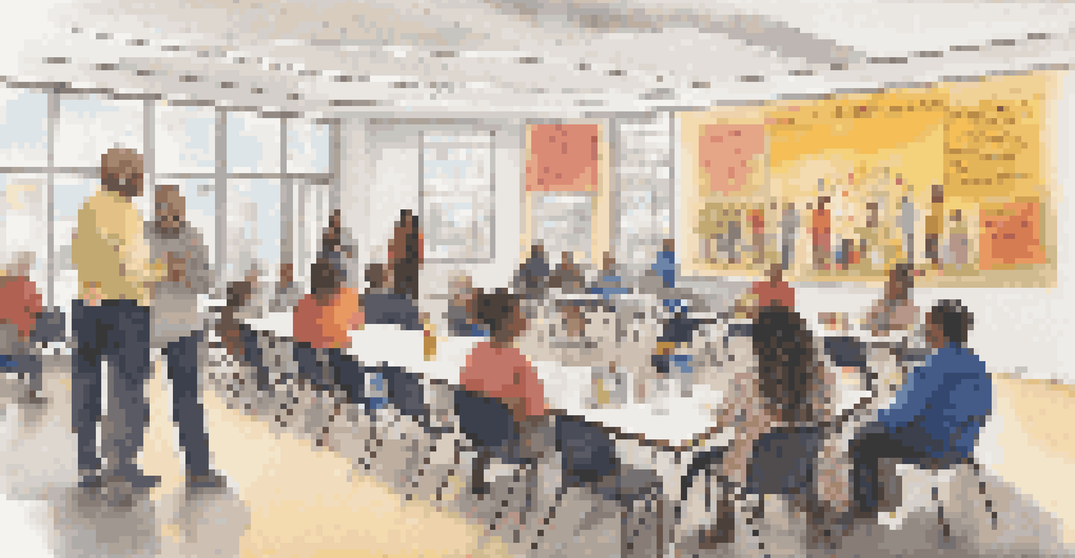 A community center workshop with diverse participants discussing and a facilitator leading the session.