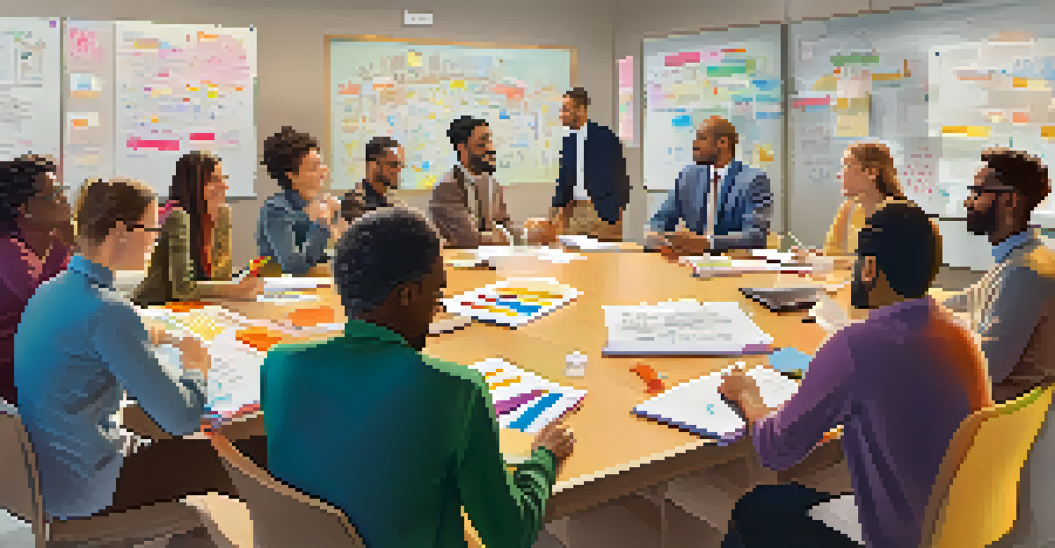 A diverse group discussing around a table with laptops and notes, surrounded by bright light and a whiteboard full of ideas.