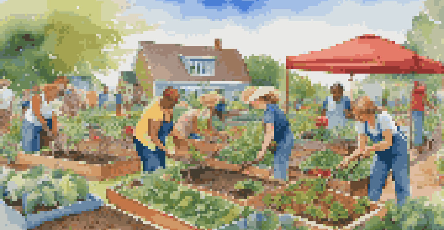 A diverse group of people working in a community garden, planting vegetables and enjoying the outdoors.