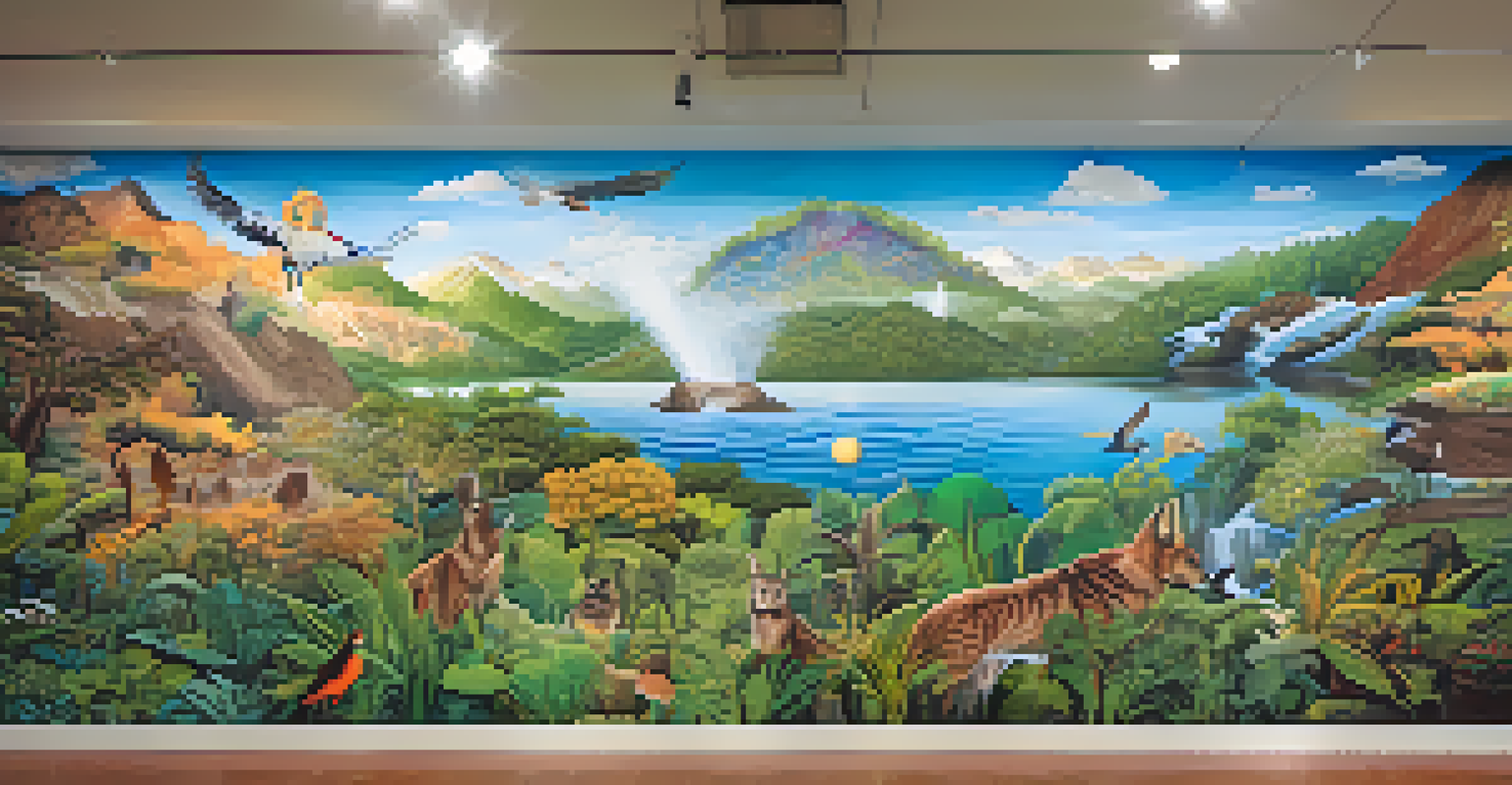 A mural that combines Indigenous storytelling with scientific concepts, featuring bright colors and natural elements that symbolize ecological principles.