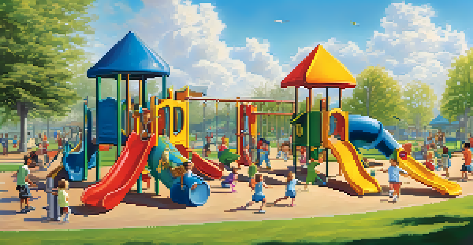 Children playing joyfully on outdoor playground equipment, including swings and slides, under a sunny sky.