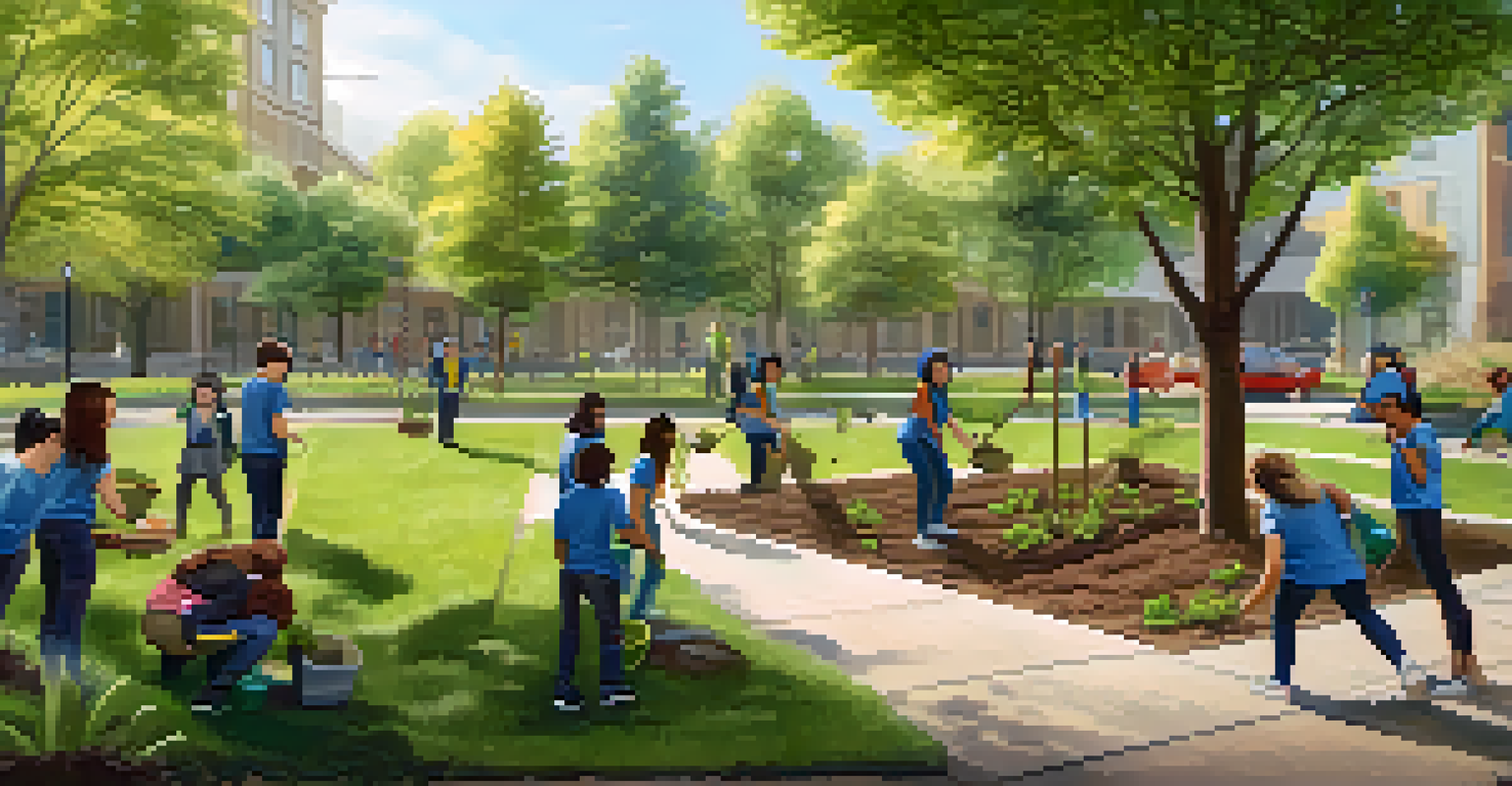 Students planting trees in a park, smiling and working together in a green outdoor setting.