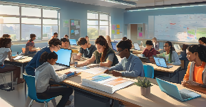 A diverse group of students working together on a tech project in a bright classroom with large windows and modern technology.