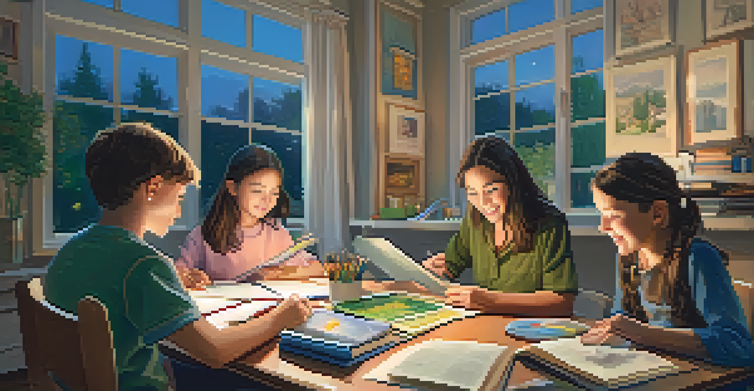 A family enjoying a learning activity at a dining table, surrounded by books and art supplies, creating a warm and collaborative environment.