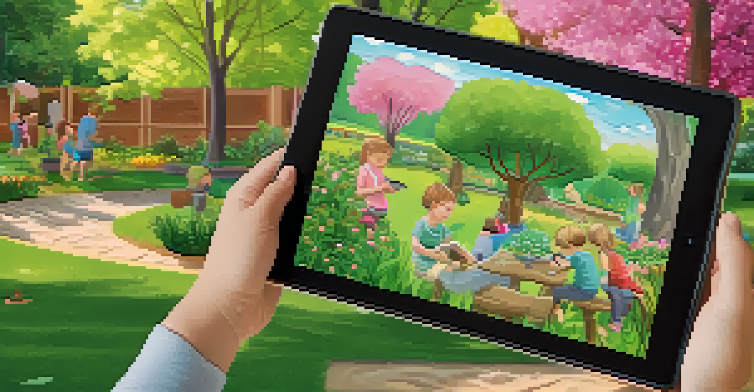 Children in a park using augmented reality technology on a tablet to learn about nature, surrounded by trees and colorful flowers.