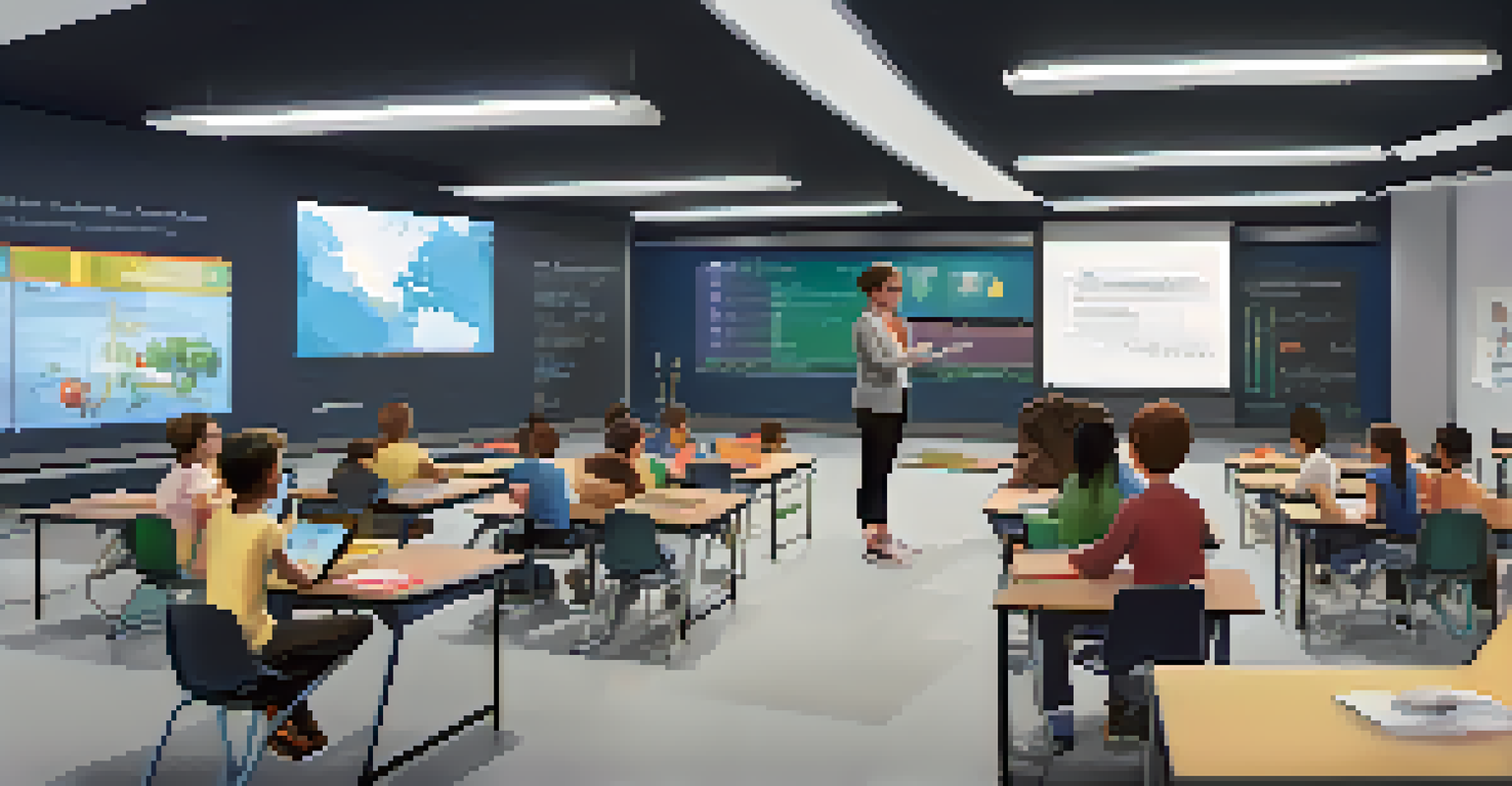 A teacher providing real-time feedback in a futuristic digital classroom with interactive screens and students using laptops.