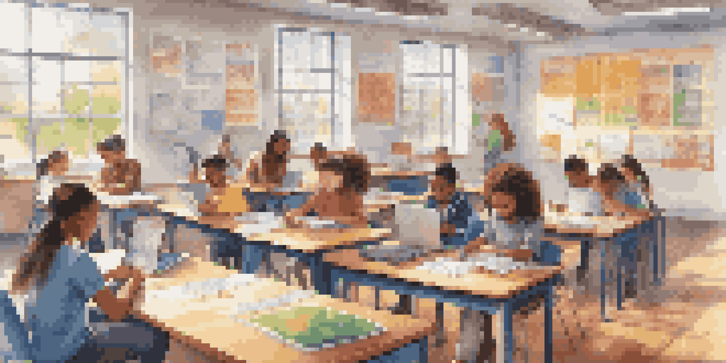 A bright classroom with diverse students working together on laptops and tablets, engaging in collaborative learning.