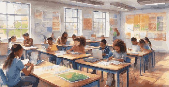 A bright classroom with diverse students working together on laptops and tablets, engaging in collaborative learning.