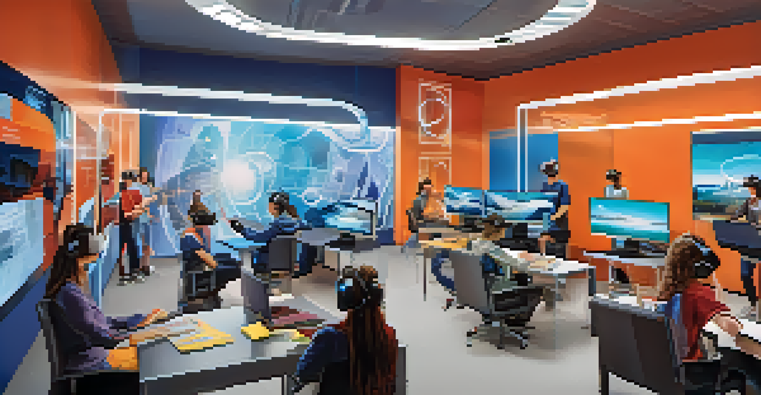 Students using virtual reality headsets in a simulated office space to practice teamwork and communication skills.
