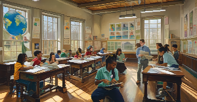 A classroom with students of various backgrounds working together on a project, with art supplies and scientific materials around them.