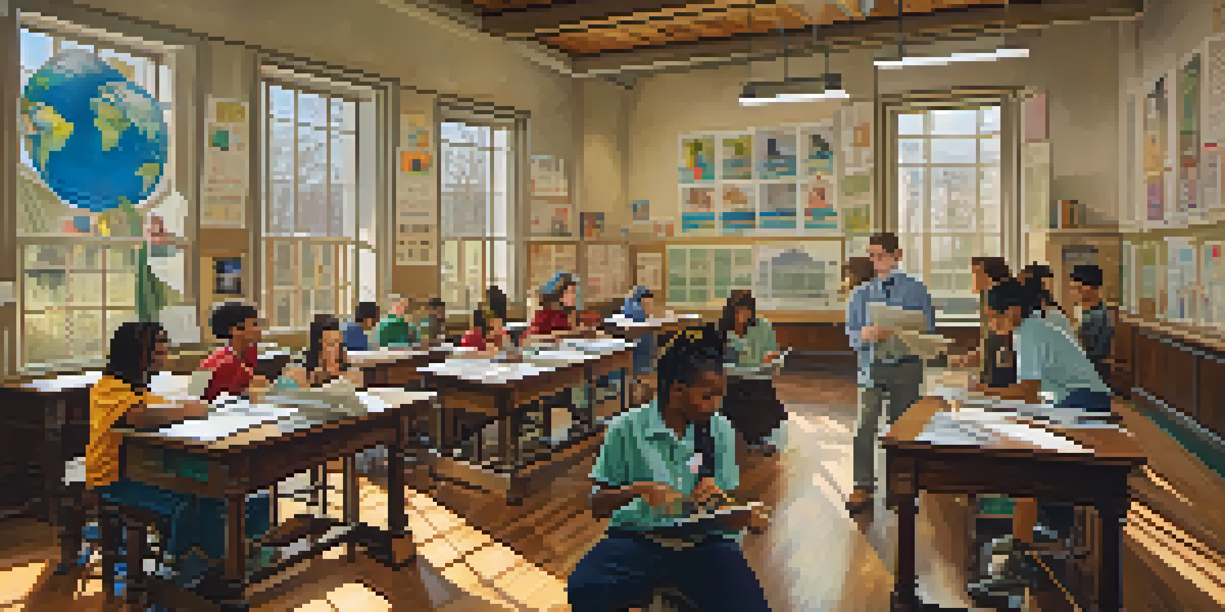 A classroom with students of various backgrounds working together on a project, with art supplies and scientific materials around them.