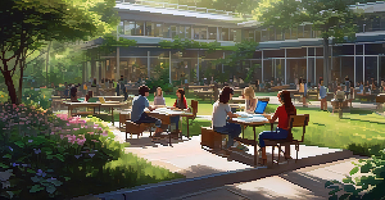 An outdoor study space with students from diverse backgrounds learning together.