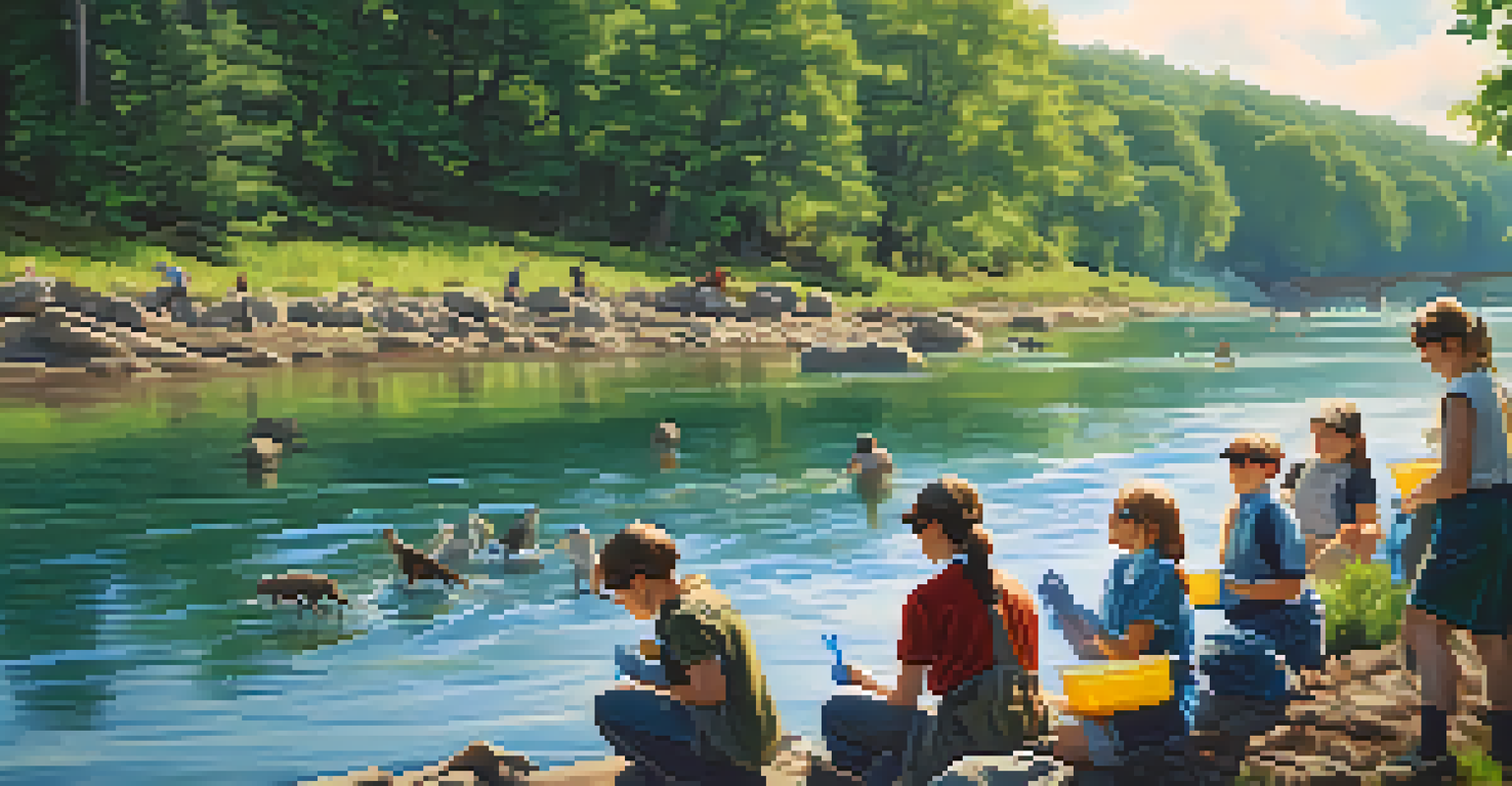 Students cleaning a local river, wearing gloves and sunglasses, with trees and wildlife in the background on a sunny day.