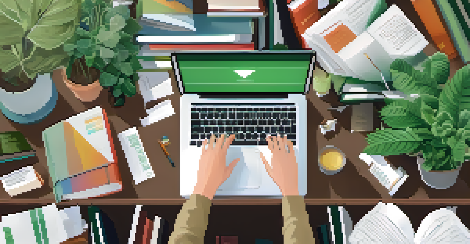 A person typing on a laptop with books and papers around, representing active research.