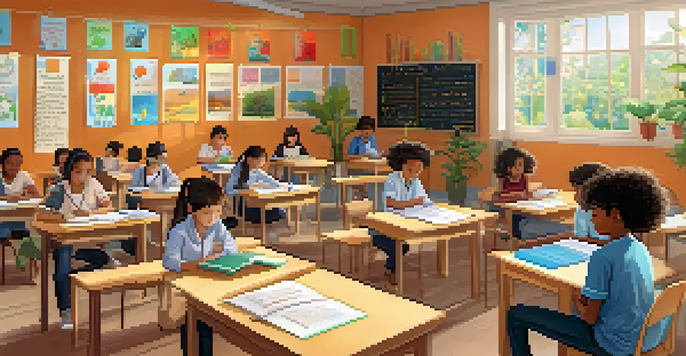 A bright and calming classroom where students are practicing mindfulness, with natural light and plants enhancing the environment.