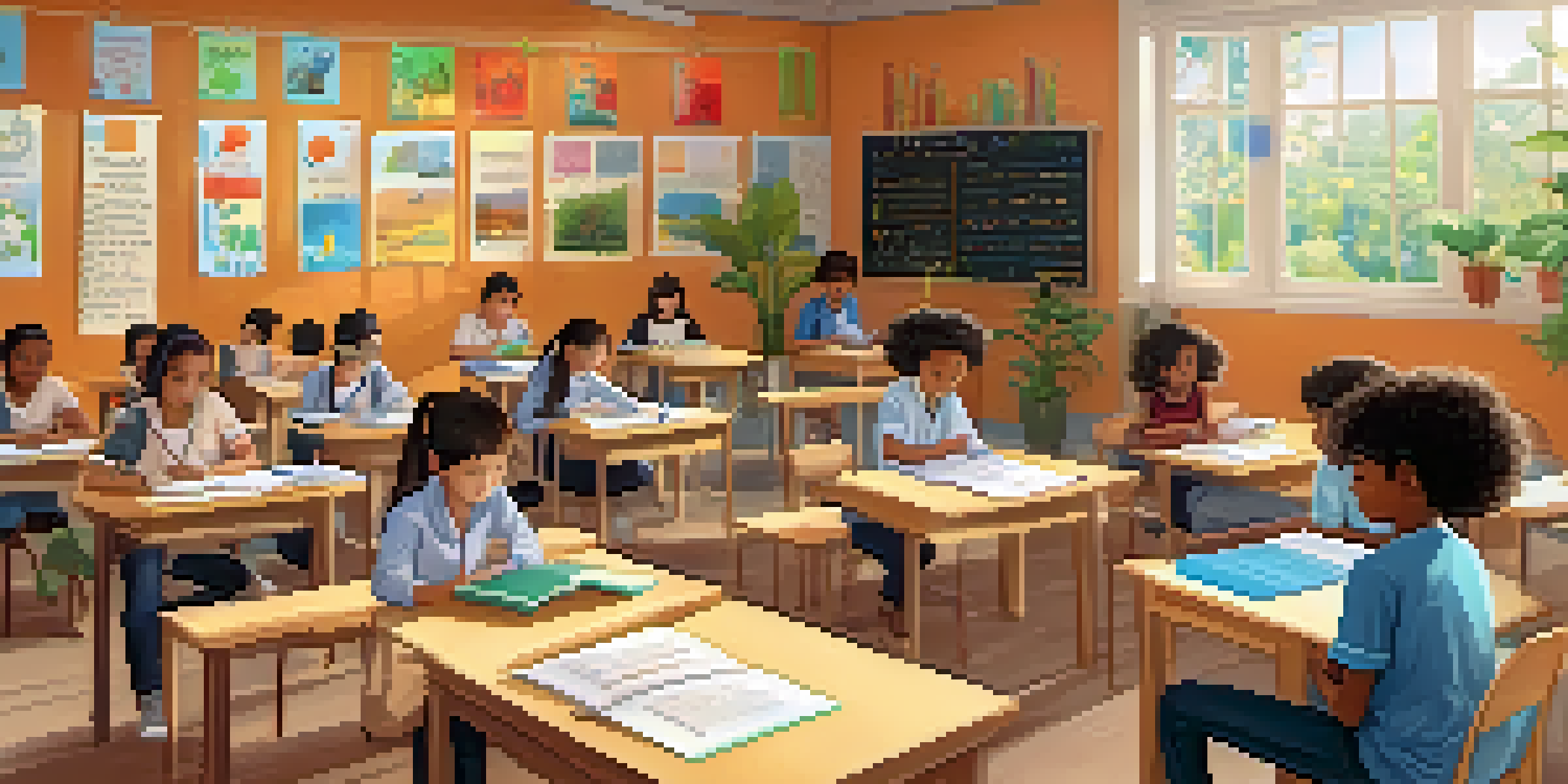 A bright and calming classroom where students are practicing mindfulness, with natural light and plants enhancing the environment.