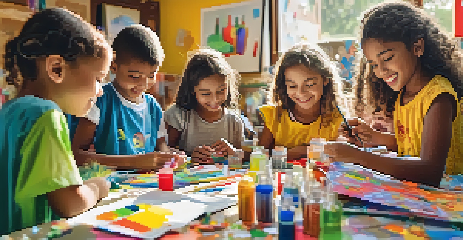 Children engaged in a creative art session using recycled materials to create crafts, highlighting innovation and sustainability.