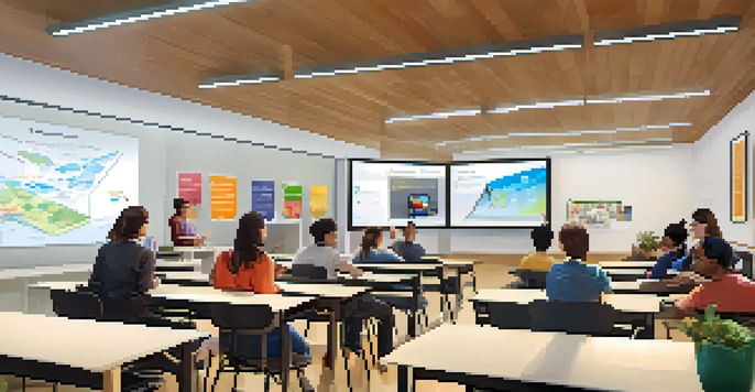 A lively classroom with diverse students participating in adaptive learning activities, utilizing interactive technology and collaborating in groups.