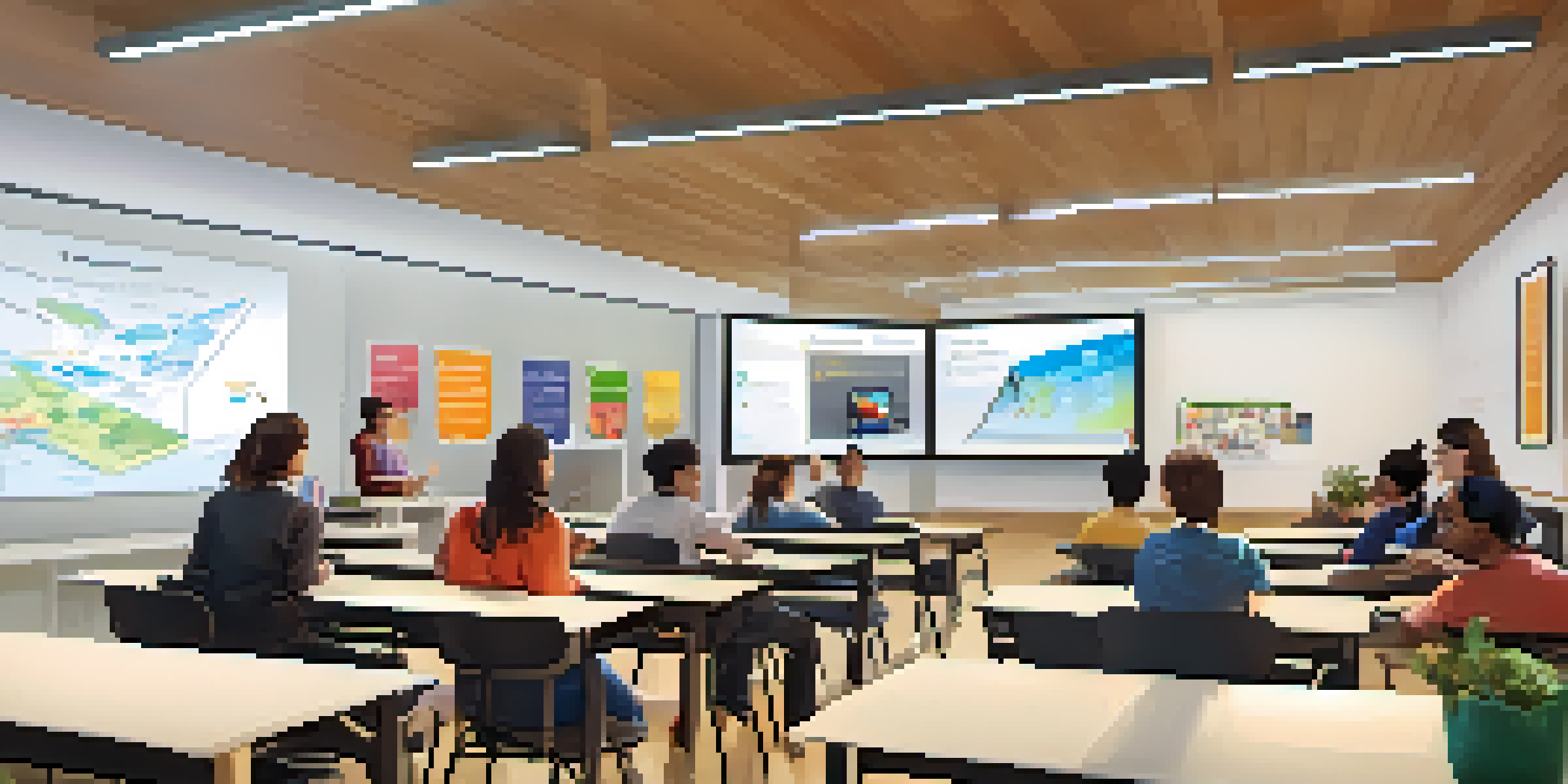 A lively classroom with diverse students participating in adaptive learning activities, utilizing interactive technology and collaborating in groups.
