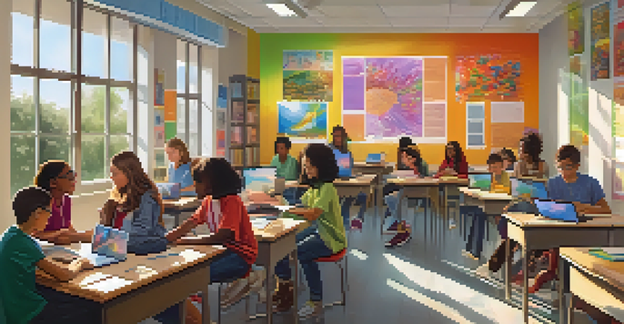 A lively classroom with diverse students working together on a project, using laptops and digital tools, illuminated by sunlight coming through the windows.