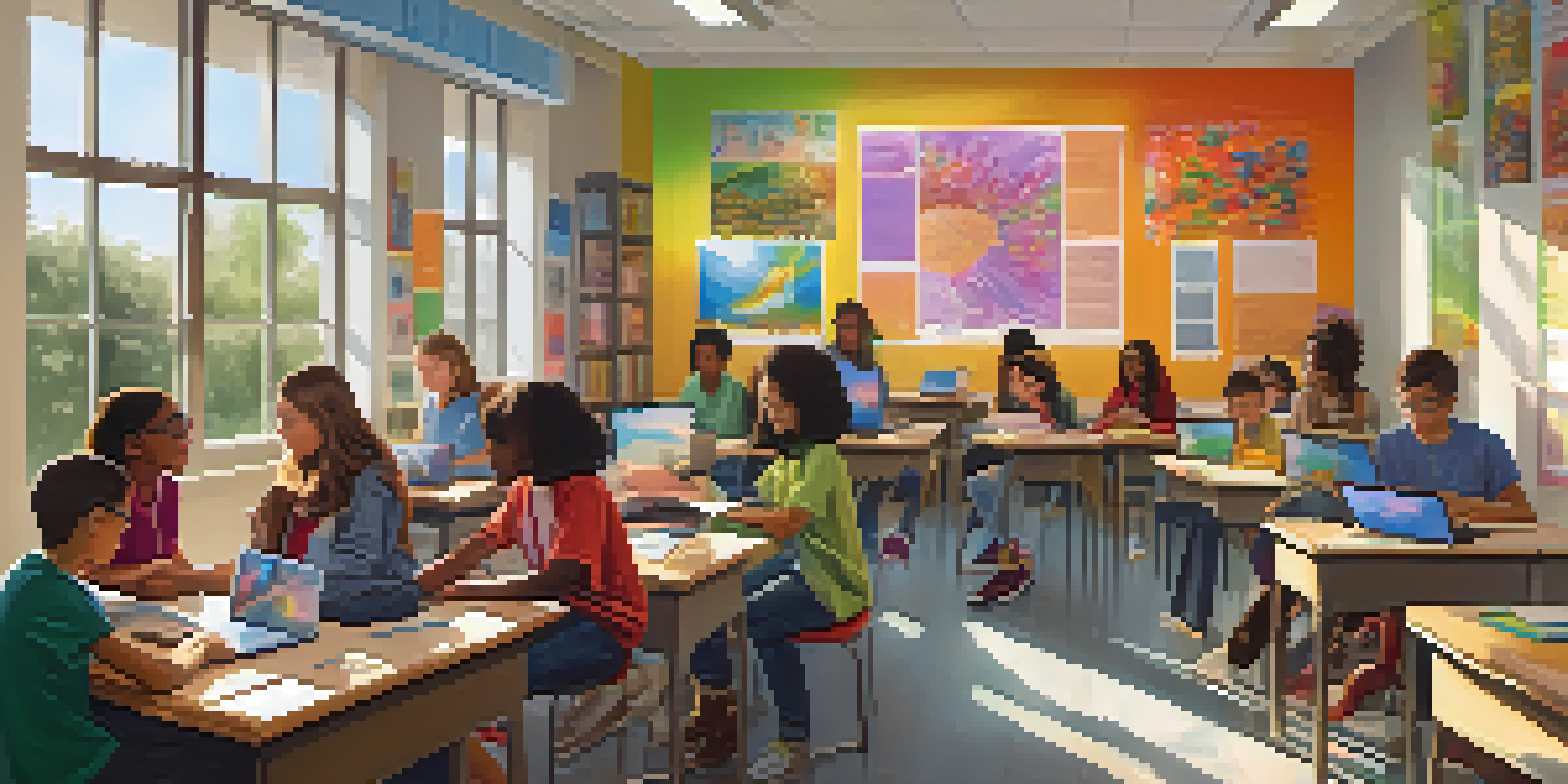 A lively classroom with diverse students working together on a project, using laptops and digital tools, illuminated by sunlight coming through the windows.
