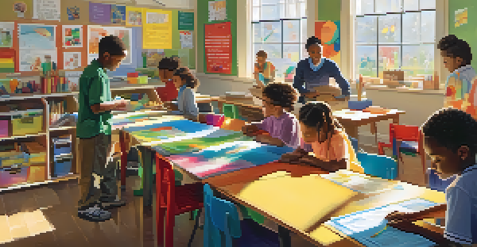 A bright classroom filled with children of various ethnicities collaborating on a learning project with a teacher assisting them.