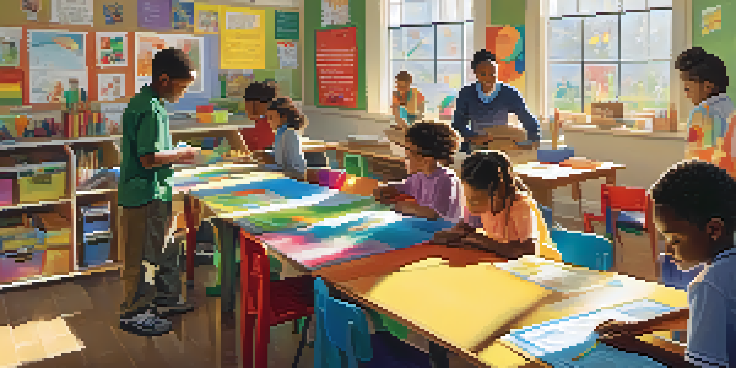 A bright classroom filled with children of various ethnicities collaborating on a learning project with a teacher assisting them.
