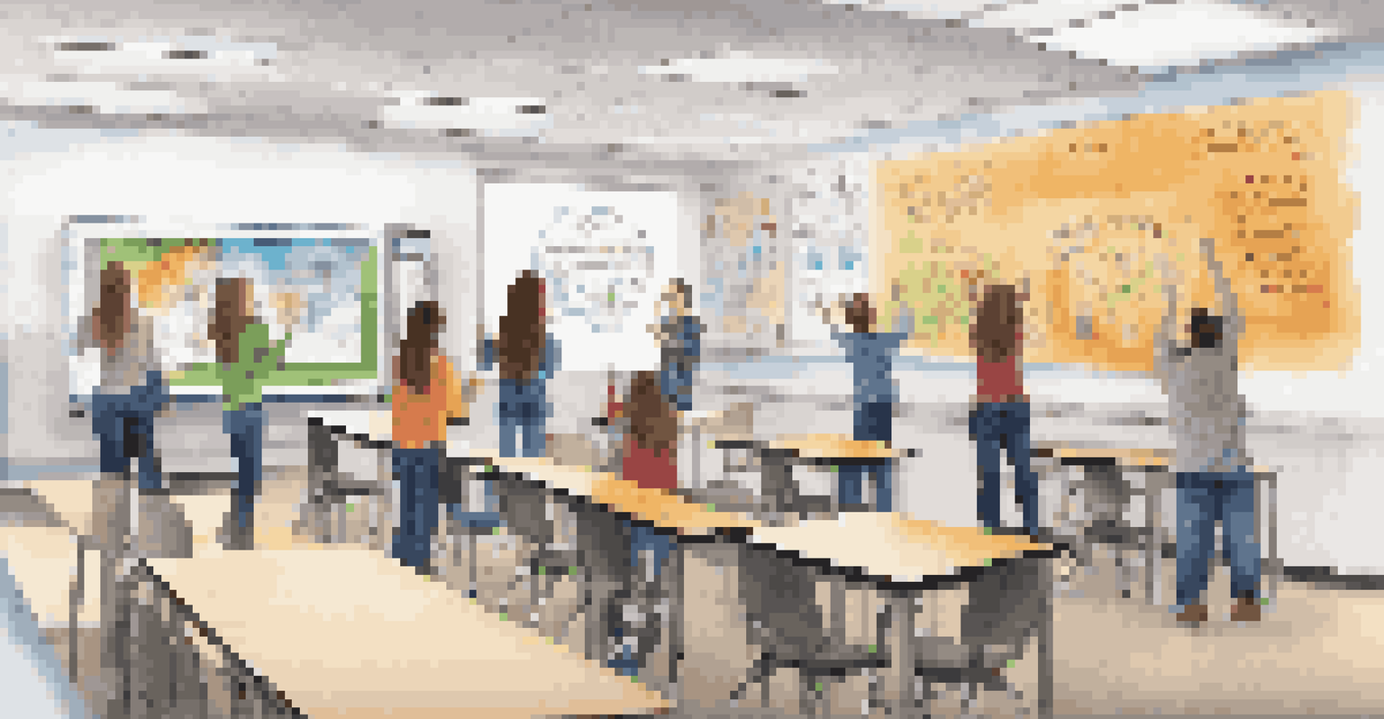 A modern classroom with students using technology to collaborate on projects, surrounded by inspiring quotes and artwork.